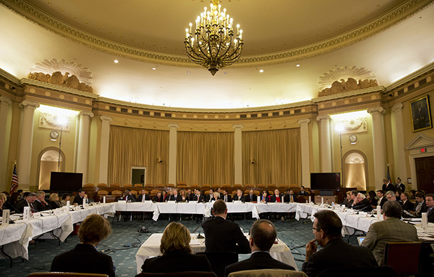 House and Senate members of the budget conferees listen to testimony by Congressional Budget Office Director Douglas Elmendorf during a congressional budget conference on Capitol Hill in Washington, Wednesday, November 13, 2013. (AP/Jacquelyn Martin)