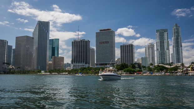 The view of Miami’s densely built shoreline exemplifies the threat of rising seas. More than 75 percent of Florida’s population lives in a coastal county, and $145 billion worth of property is at risk from the projected 3 feet of sea-level rise. (flickr/David Kirsch)