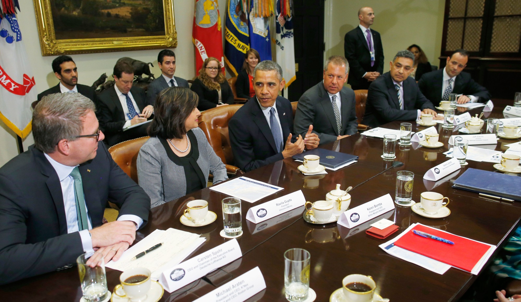 President Barack Obama meets with business leaders about creating and investing in jobs in the United States, Tuesday, May 20, 2014, in the Roosevelt Room of the White House in Washington. (AP/Charles Dharapak)