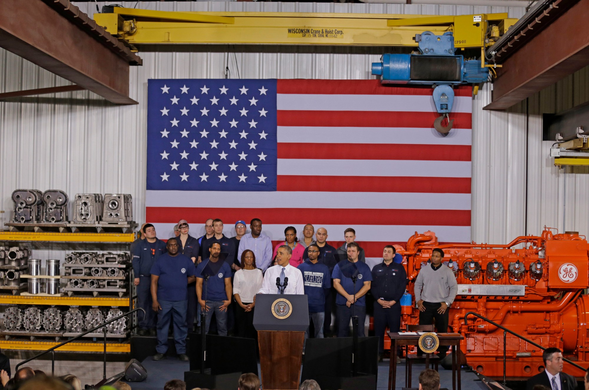 President Barack Obama speaks about job training at General Electric's Waukesha, Wisconsin, gas engine plant. (AP/Jeffrey Phelps)