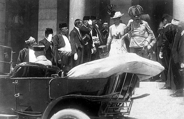 In this photo from June 28, 1914, Archduke Franz Ferdinand of Austria and his wife Sophie walk to their a car in Sarajevo minutes before their assassination. (AP/File)