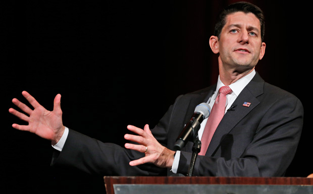 House Budget Committee Chairman Paul Ryan (R-WI) gestures as he speaks during a gala prior to the start of the Virginia GOP Convention in Roanoke, Virginia, June 6, 2014. (AP/Steve Helber)