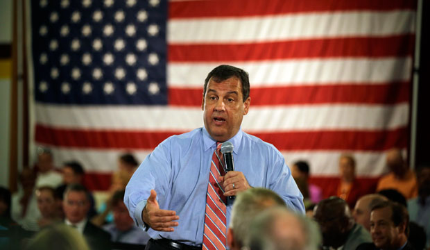 New Jersey Gov. Chris Christie (R) addresses a gathering at a town hall meeting in Haddon Heights, New Jersey. (AP/Mel Evans)