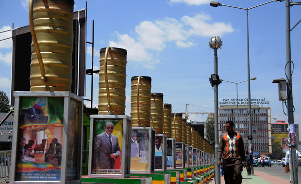Large posters of late Ethiopian leader Meles Zenawi are displayed on one of the streets in Addis Ababa. (AP/Elias Asmare)