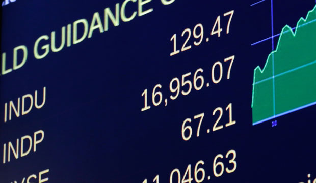 A board on the floor of the New York Stock Exchange shows the closing number for the Dow Jones industrial average, July 1, 2014. (AP/Richard Drew)