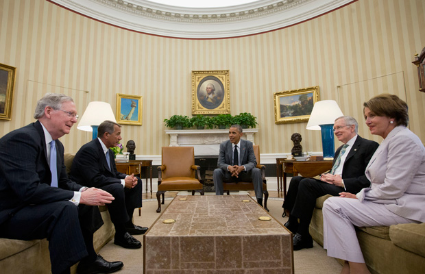 President Barack Obama meets with Senate Minority Leader Mitch McConnell (R-KY), House Speaker John Boehner (R-OH), Senate Majority Leader Harry Reid (D-NV), and House Minority Leader Nancy Pelosi (D-CA) in the Oval Office of the White House in Washington. (AP/Pablo Martinez Monsivais)