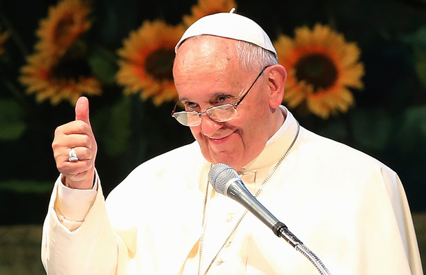 Pope Francis gives a thumbs up during a meeting with Asian youth at the Solmoe Sanctuary in Dangjin, South Korea. (AP/Ahn Young-joon)