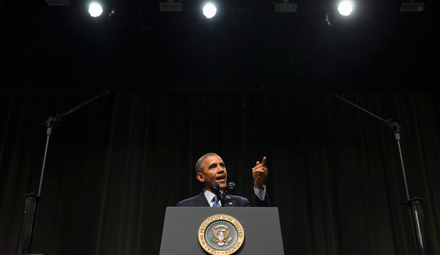 President Barack Obama speaks at Northwestern University, October 2014. (AP/Evan Vucci)