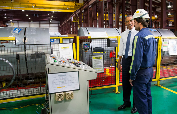 President Barack Obama tours the Millennium Steel Service in Princeton, Indiana, Friday, October 3, 2014, before speaking about the economy as part of Manufacturing Day. (AP/Evan Vucci)