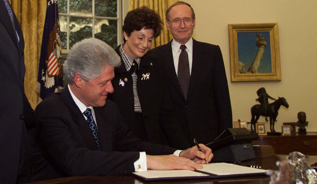 President Bill Clinton vetoes legislation sent to him by Congress. (AP/J. Scott Applewhite)