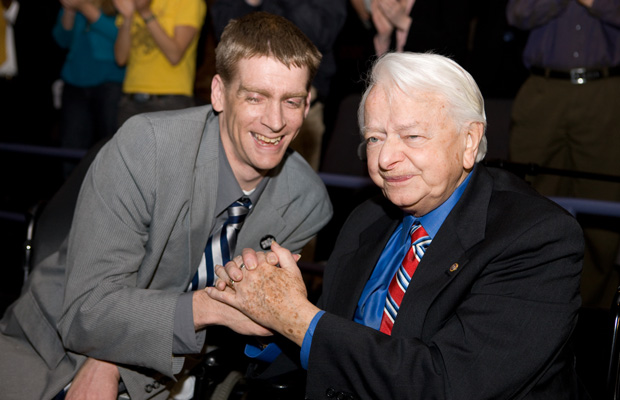 Tomas Young and the late Sen. Robert Byrd (D-WV) attend the the Reel Progress screening of