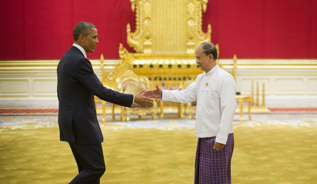 President Barack Obama reaches to shakes hands with Myanmar’s President Thein Sein, Thursday, November 13, 2014, at in Naypyitaw, Myanmar. (AP/Pablo Martinez Monsivais)