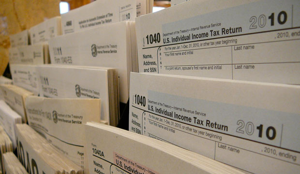 Tax forms are displayed at the Public Library of Brookline in Brookline, Massachusetts. (Flickr/thebrooklinelibrary)
