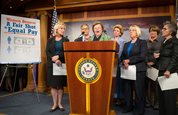 Sen. Barbara Mikulski (D-MD) discusses the Paycheck Fairness Act during a news conference on Capitol Hill on September 10, 2014. (AP/Cliff Owen)