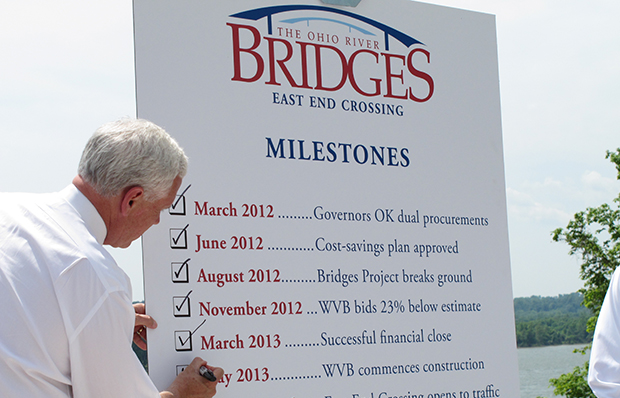 Indiana Gov. Mike Pence (R) crosses off another milestone on May 29, 2013, for a new Ohio River bridge that will connect Kentucky and Indiana just east of Louisville, Kentucky. (AP/Bruce Schreiner)