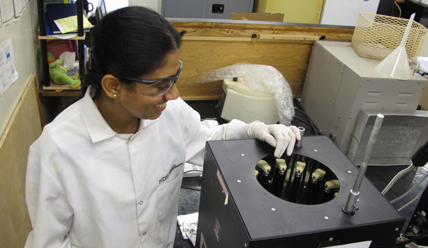 North Dakota State University graduate student Ramya Raghunathan works in one of the school chemistry laboratories on October 26, 2014. (AP/Dave Kolpack)