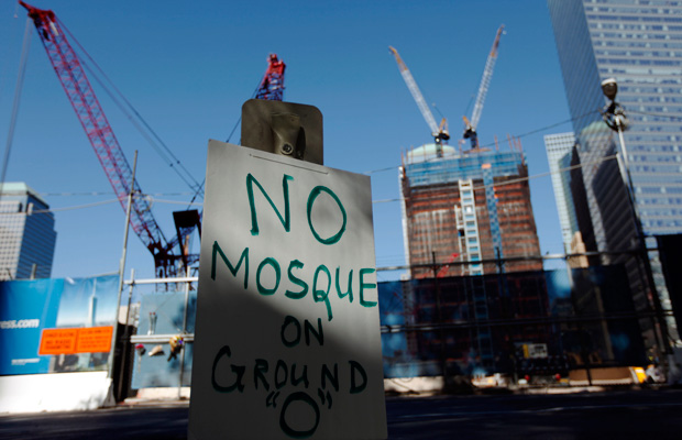 A sign opposing the proposed Park51 community center near ground zero is seen in New York. (AP/Matt Rourke)