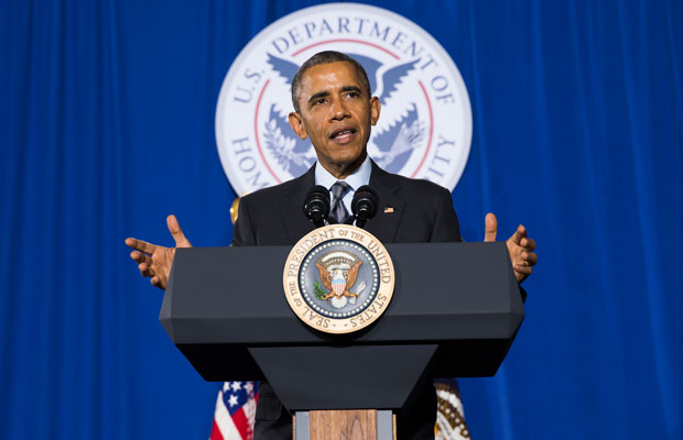 President Barack Obama delivers remarks at the Department of Homeland Security on his fiscal year 2016 budget proposal. (AP/Evan Vucci)