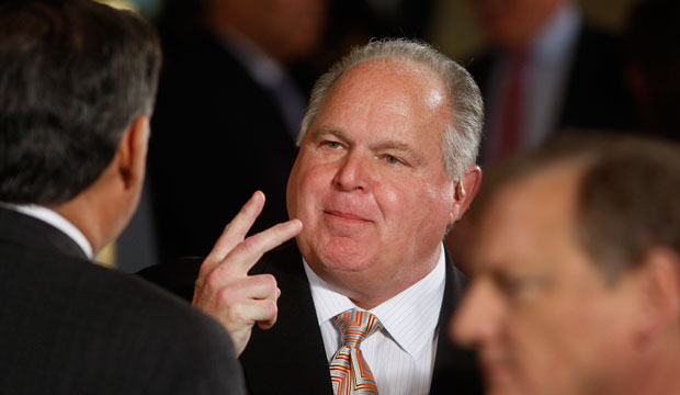 Conservative talk show host Rush Limbaugh talks with other guests at a White House event on January 13, 2009. (AP/Ron Edmonds)