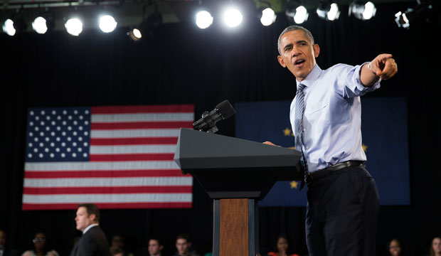 President Barack Obama gestures during a speech in Indianapolis on February 6, 2015 about his budget proposal to make two years of community college free. (AP/Evan Vucci)