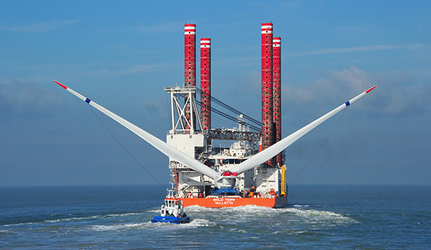 This photo shows the windcarrier vessel Bold Tern, contracted to build Rhode Island's Block Island offshore wind energy facility beginning in summer 2015. (Alstom/Fred. Olsen Windcarrier)