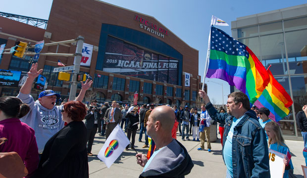 Opponents of the Indiana Religious Freedom Restoration Act march outside Lucas Oil Stadium, site of the NCAA Final Four, in Indianapolis on April 4, 2015. (AP/Doug McSchooler)