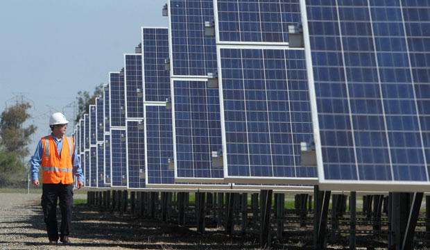 A renewable energy manager walks past solar panels near Vacaville, California, in April 2011. (AP/Rich Pedroncelli)