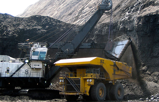 A shovel prepares to dump a load of coal into a 320-ton truck at the Black Thunder Mine in Wright, Wyoming, April 2007. Black Thunder Mine is located in the state's Powder River Basin. (AP/Matthew Brown)