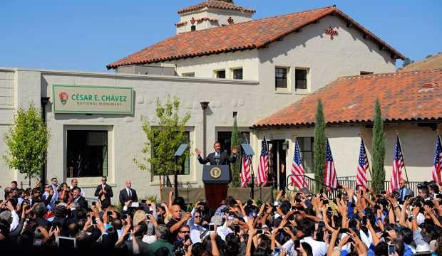President Barack Obama announces the establishment of the Cesar E. Chavez National Monument on October 8, 2012, in Keene, California (AP/Mark J. Terrill)