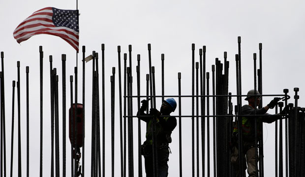 Rodbusters install rebar on the new Comcast Innovation and Technology Center in Philadelphia on April 27, 2015. (AP/Matt Rourke)