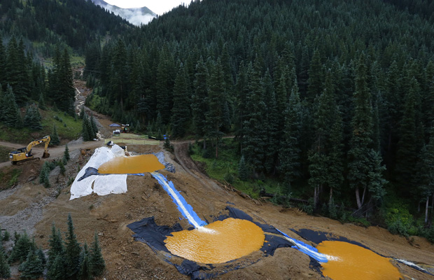 Water flows through a series of retention ponds near the Gold King Mine in Silverton, Colorado, August 12, 2015. (AP/Brennan Linsley)