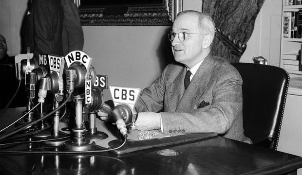 President Harry S. Truman broadcasts a message opening the conference that would form the United Nations in San Francisco on April 25, 1945. (AP/File)