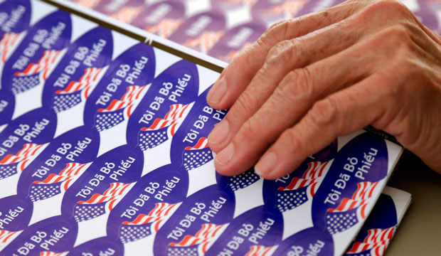 A poll worker moves Vietnamese