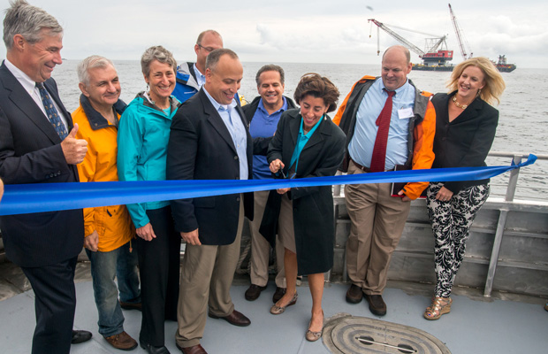 Rhode Island Gov. Gina Raimondo (D) and other dignitaries symbolically commence construction of the Block Island Wind Farm at a ribbon cutting ceremony on July 27, 2015. (Deepwater Wind)