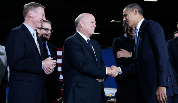 President Barack Obama with the CEOs of major automakers announcing new tail pipe emissions standards. One notable absence was Jonathan Browning, the then president and CEO of Volkswagen Group of America, July 2011. (AP/Pablo Martinez Monsivais)