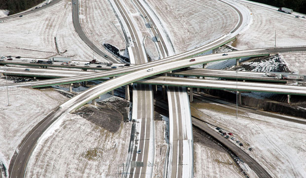 Snow and ice cover a highway interchange near Birmingham, Alabama, on January 29, 2014. (AP/Jay Reeves)