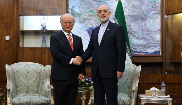 Head of Iran's Atomic Energy Organization Ali Akbar Salehi, right, and International Atomic Energy Agency Director General Yukiya Amano meet in Tehran on September 20, 2015. (AP/Vahid Salemi)