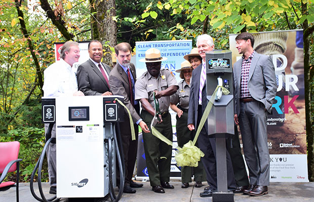 Pictured is a ribbon cutting for newly installed charging infrastructure during the Great Smoky Mountains alternative fuel kick-off events, September 30, 2015. (East Tennessee Clean Fuels Coalition/Kristy Keel-Blackmon)