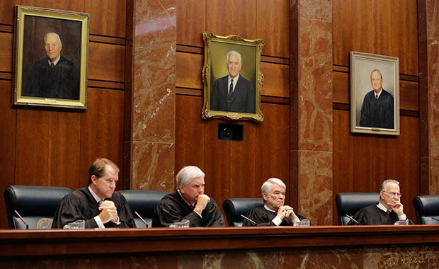 Texas Supreme Court justices listen to oral arguments in Texas' latest school finance trial at the state Supreme Court, September 1, 2015, in Austin, Texas. (AP/Eric Gay)