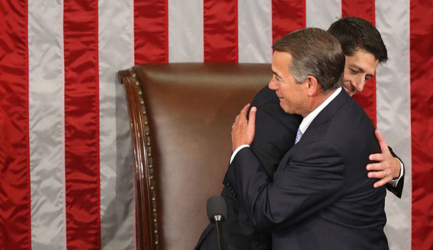 Outgoing House Speaker John Boehner (R-OH) hugs his successor, Rep. Paul Ryan (R-WI), in the House Chamber on Capitol Hill in Washington, October 29, 2015. (AP/Andrew Harnik)