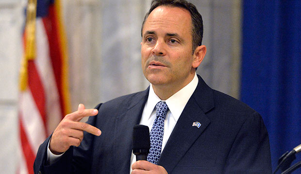 Kentucky Gov.-elect Matt Bevin (R) responds to a question during a press conference in the Kentucky State Capitol Rotunda, November 6, 2015, in Frankfort. (AP/Timothy D. Easley)