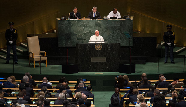 Pope Francis addresses the 70th session of the U.N. General Assembly at U.N. headquarters, September 25, 2015. (AP/L'Osservatore Romano)