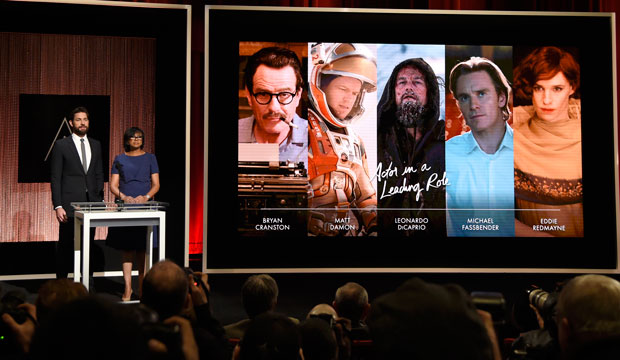 John Krasinski, left, and Cheryl Boone Isaacs announce the Academy Award nominations for best performance by an actor in a leading role on January 14, 2016. (AP/Chris Pizzello)