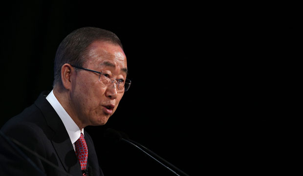 U.N. Secretary-General Ban Ki-moon addresses delegates in London during the donor conference, February 2016. (AP/Dan Kitwood)