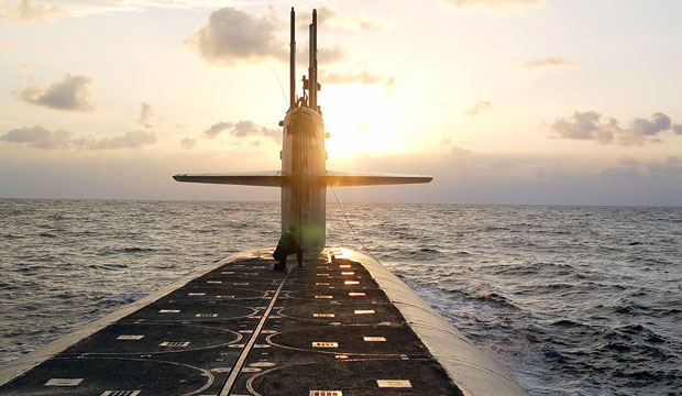 The Ohio-class ballistic-missile submarine USS Wyoming approaches Naval Submarine Base Kings Bay, January 2008.
