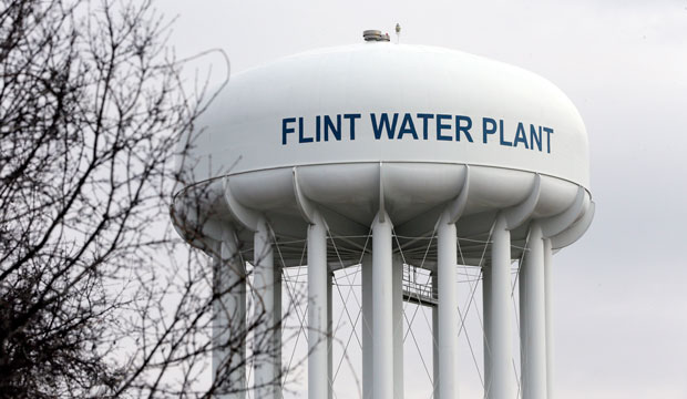 A February 2016 photo of the Flint Water Plant tower in Michigan. (AP/Carlos Osorio)