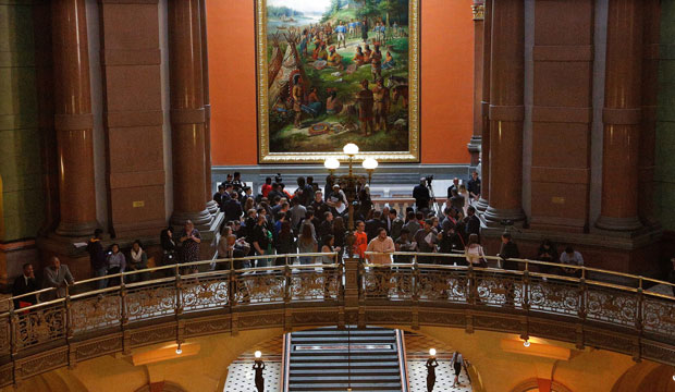 Students gather in the Illinois State Capitol to lobby their lawmakers against budget cuts affecting education spending on October 20, 2015. (AP/Seth Perlman)