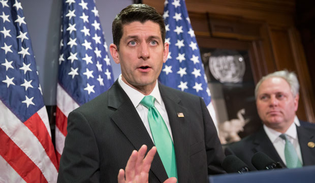 Speaker of the House Paul Ryan, joined by Majority Whip Steve Scalise, right, talks to reporters following a caucus meeting on March 15, 2016. (AP/J. Scott Applewhite)