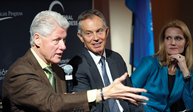 Bill Clinton, Tony Blair, and Helle Thorning-Schmidt discuss progressive challenges at the Global Progress meeting at the United Nations in New York, December 2010. (Center for American Progress)