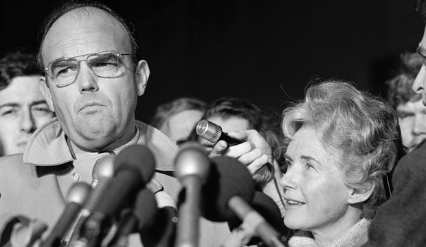 John Ehrlichman talks with reporters following his conviction in the Watergate scandal on January 1, 1975, in Washington, D.C. (Associated Press)